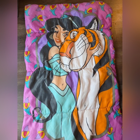 Vintage 90s Disney Aladdin Jasmine & Rajah Sleeping Bag Blanket Well Loved - Picture 6 of 11